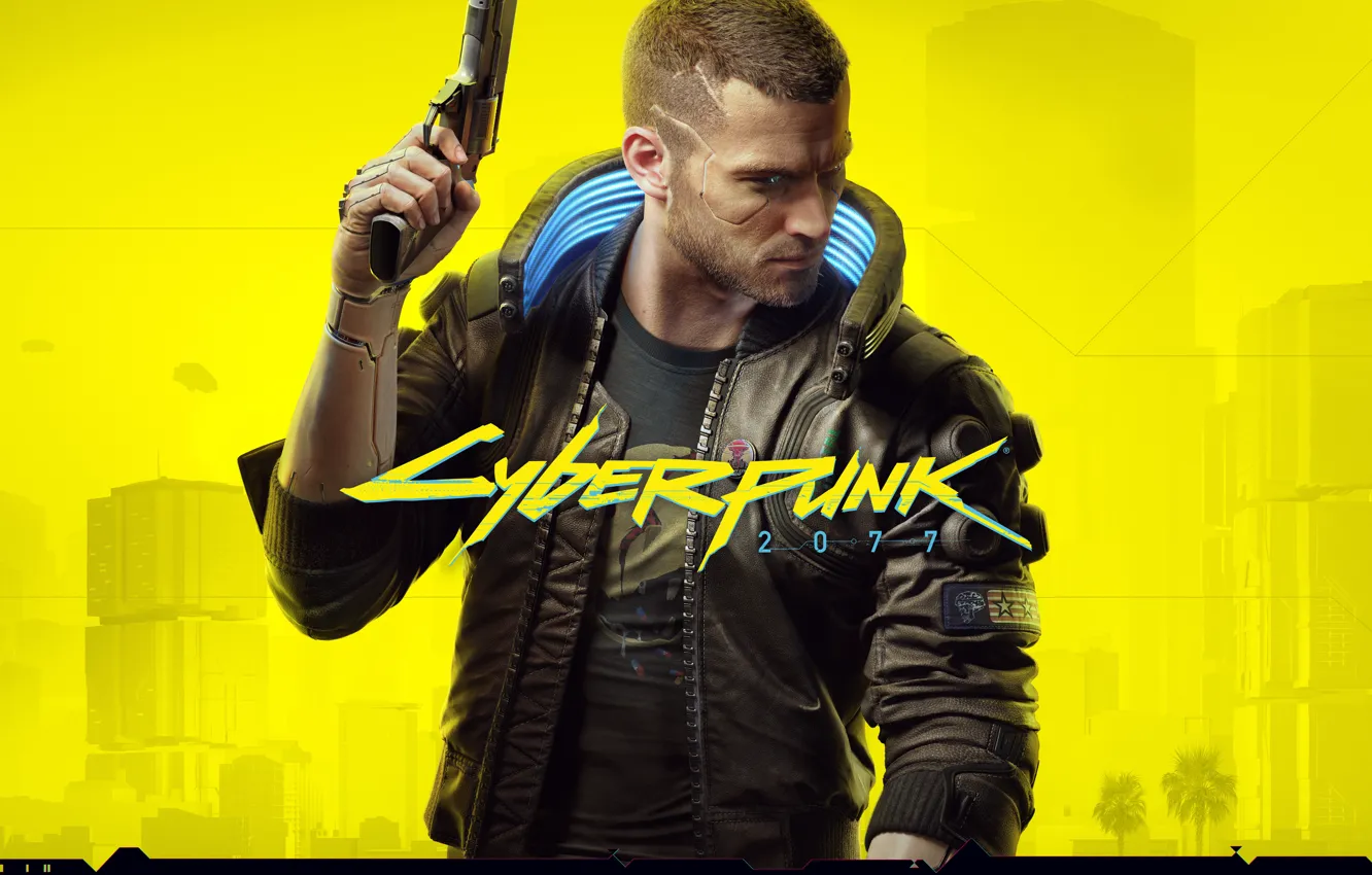 Photo wallpaper yellow, style, gun, weapons, haircut, jacket, cyberpunk, characters