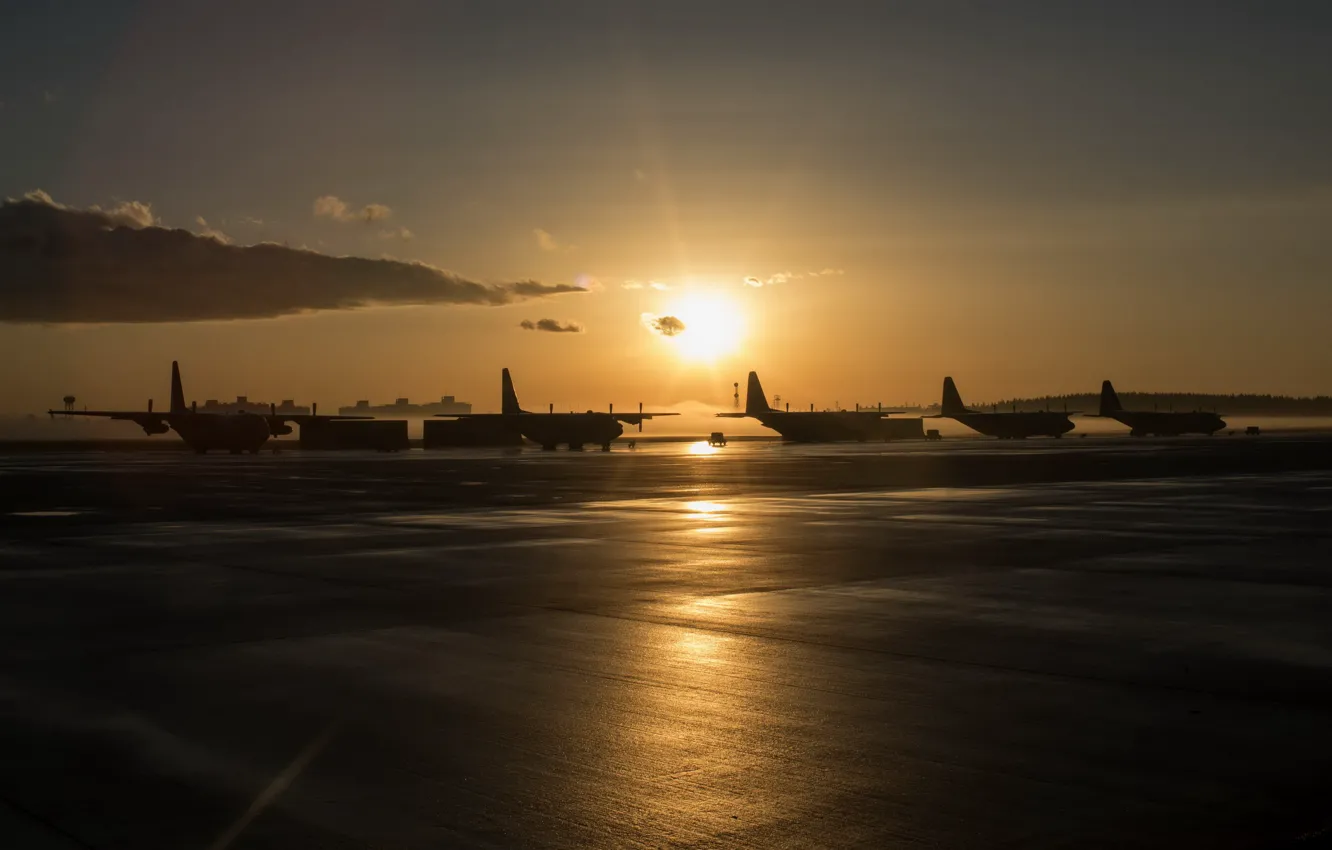 Photo wallpaper sunset, airport, aircraft