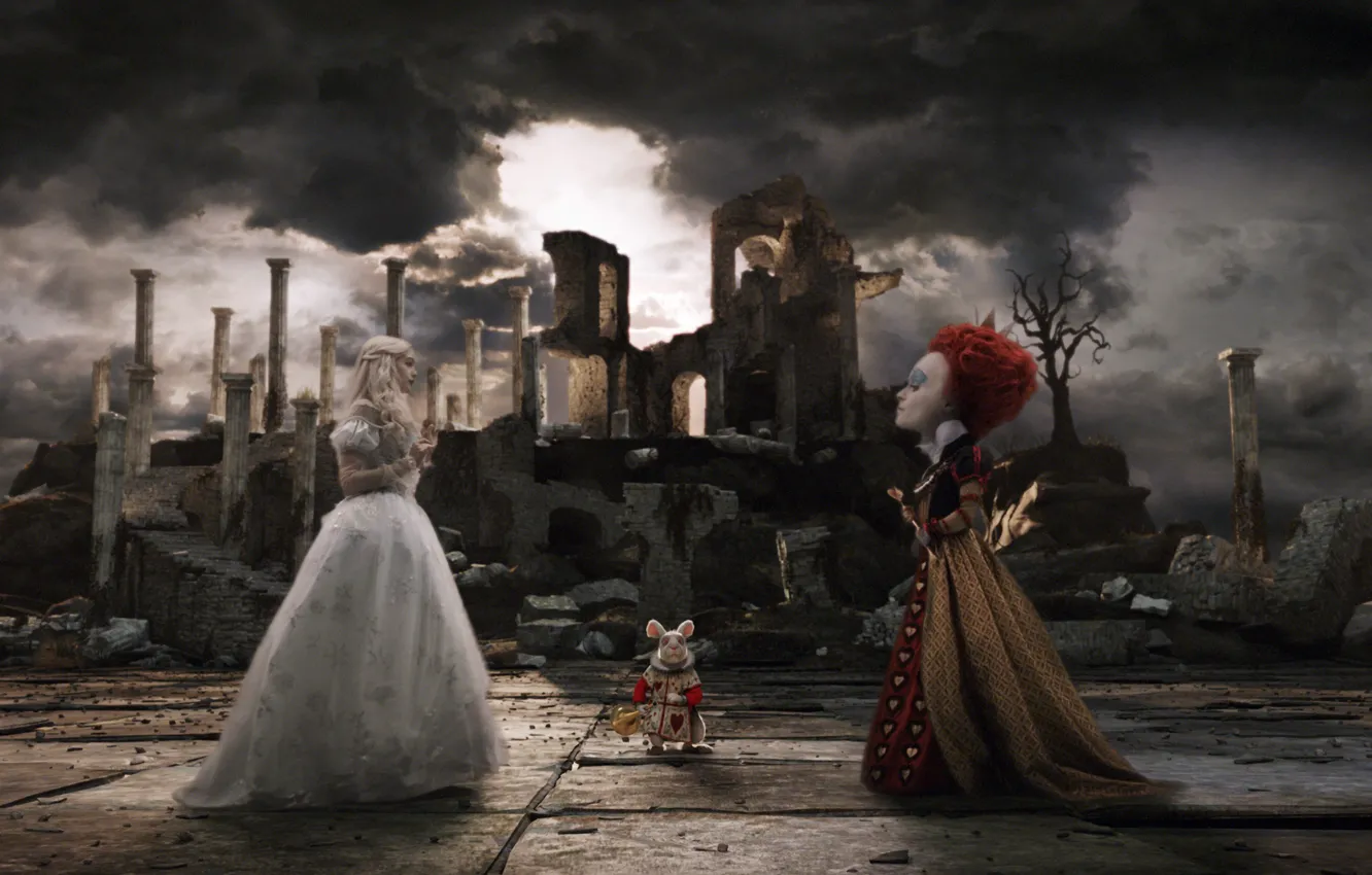 Photo wallpaper ruins, Alice in Wonderland, Alice in Wonderland, the fight, Red Queen, White Queen, White Rabbit, …