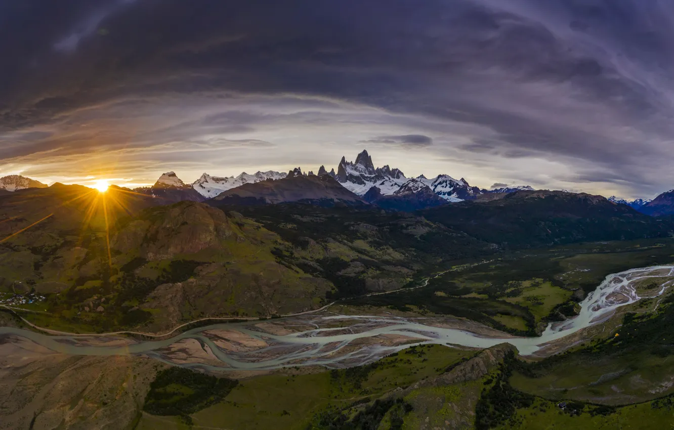 Photo wallpaper the sun, rays, landscape, sunset, mountains, nature, river, Argentina