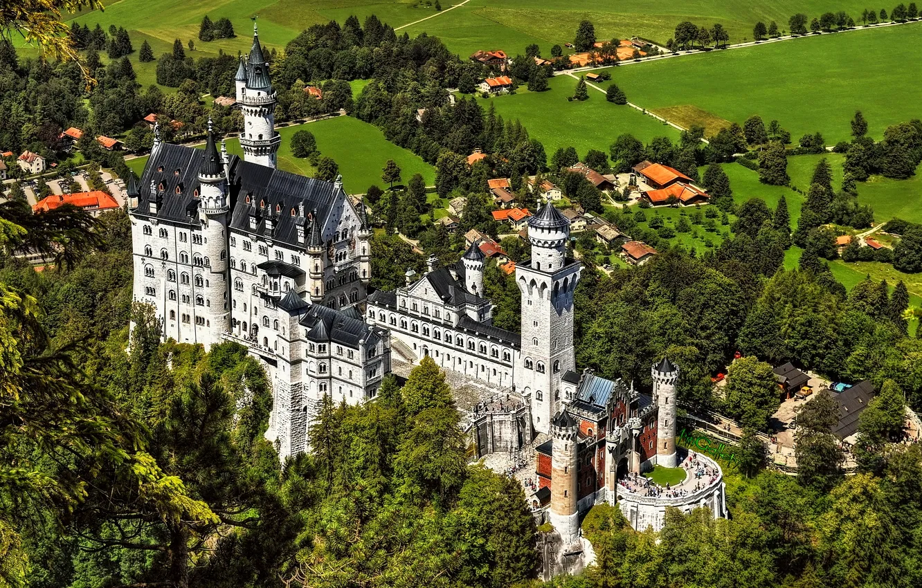Photo wallpaper trees, castle, tower, valley, Bayern, Germany, Neuschwanstein