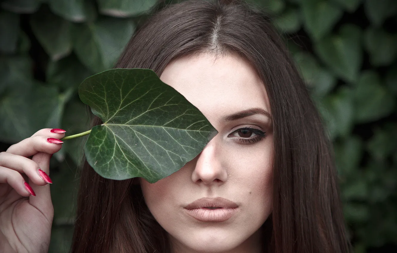 Photo wallpaper eyes, look, leaves, girl, face, hair