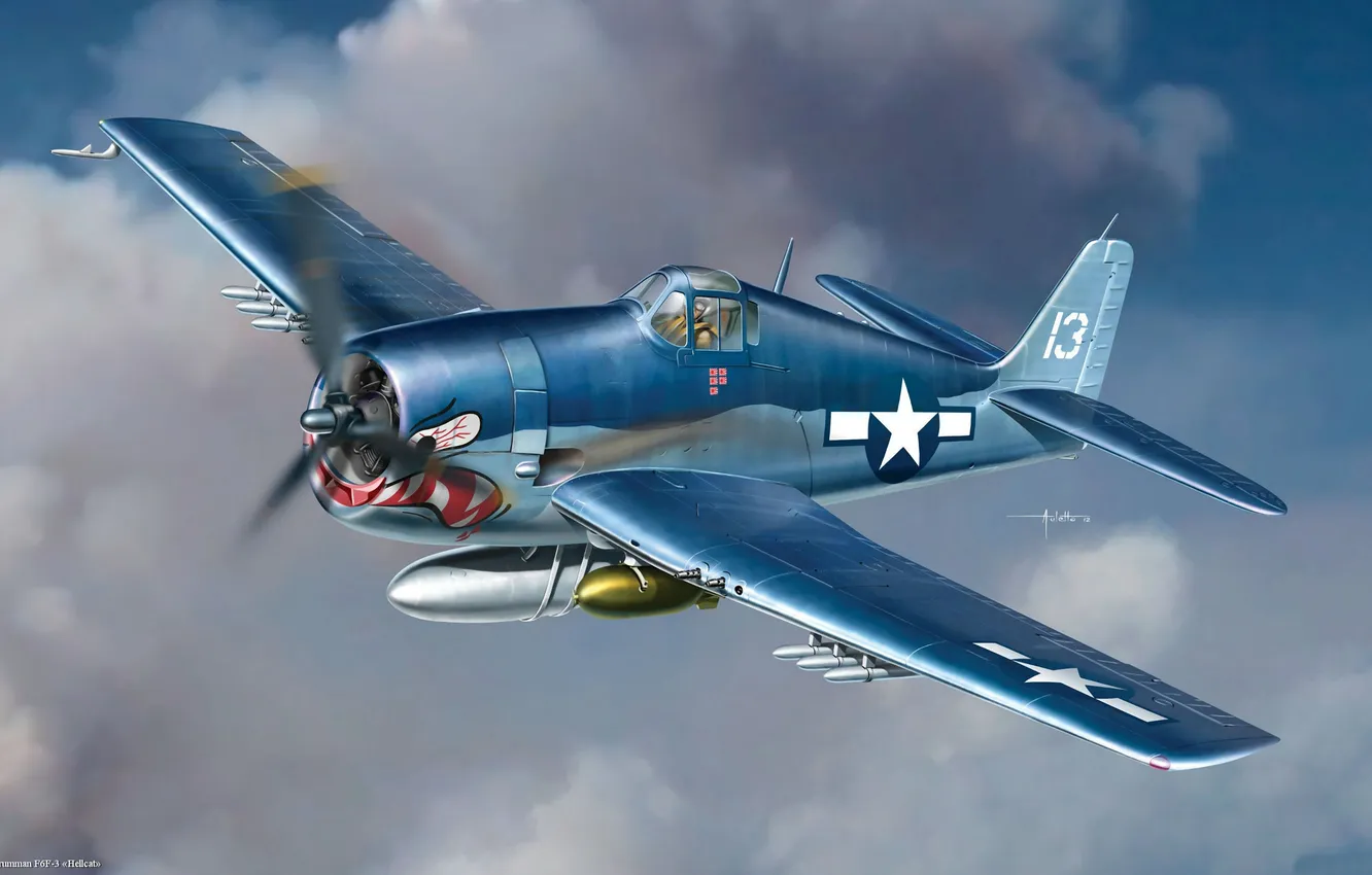 Photo wallpaper aviation, fighter, art, American, Grumman, Hellcat, deck, F6-F3
