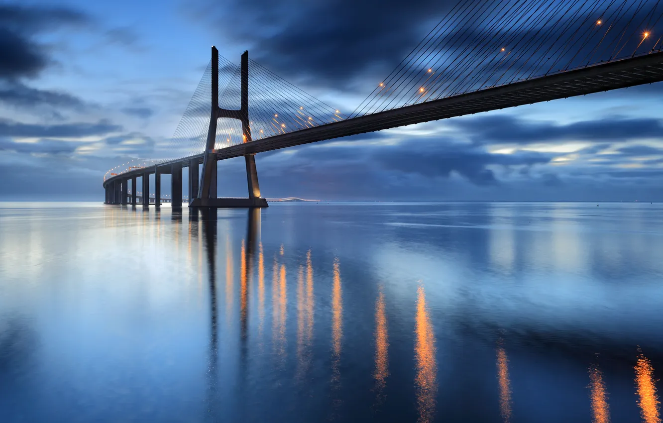 Photo wallpaper sea, the sky, clouds, bridge, nature, lights