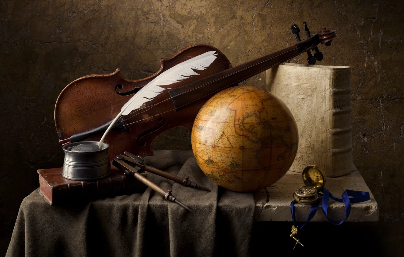 Photo wallpaper violin, feathers, book, still life, globe, the compass
