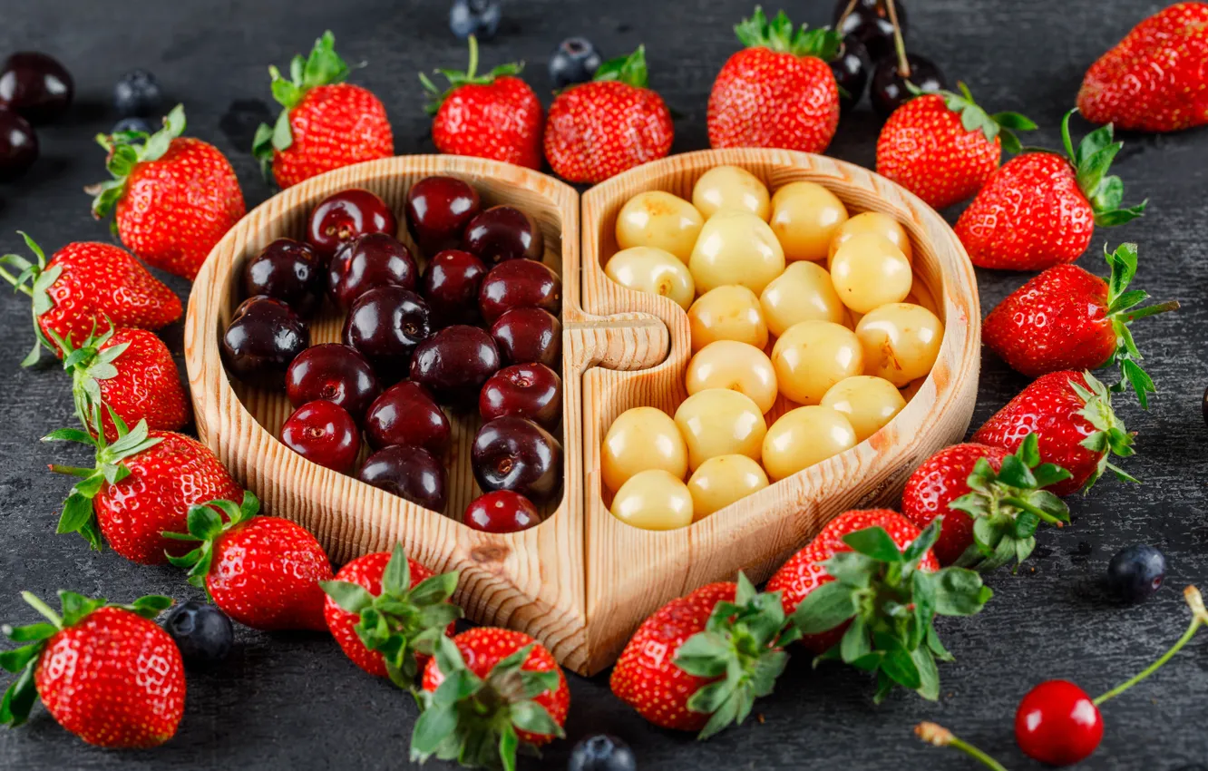 Photo wallpaper cherry, berries, heart, strawberry, tray, cherry