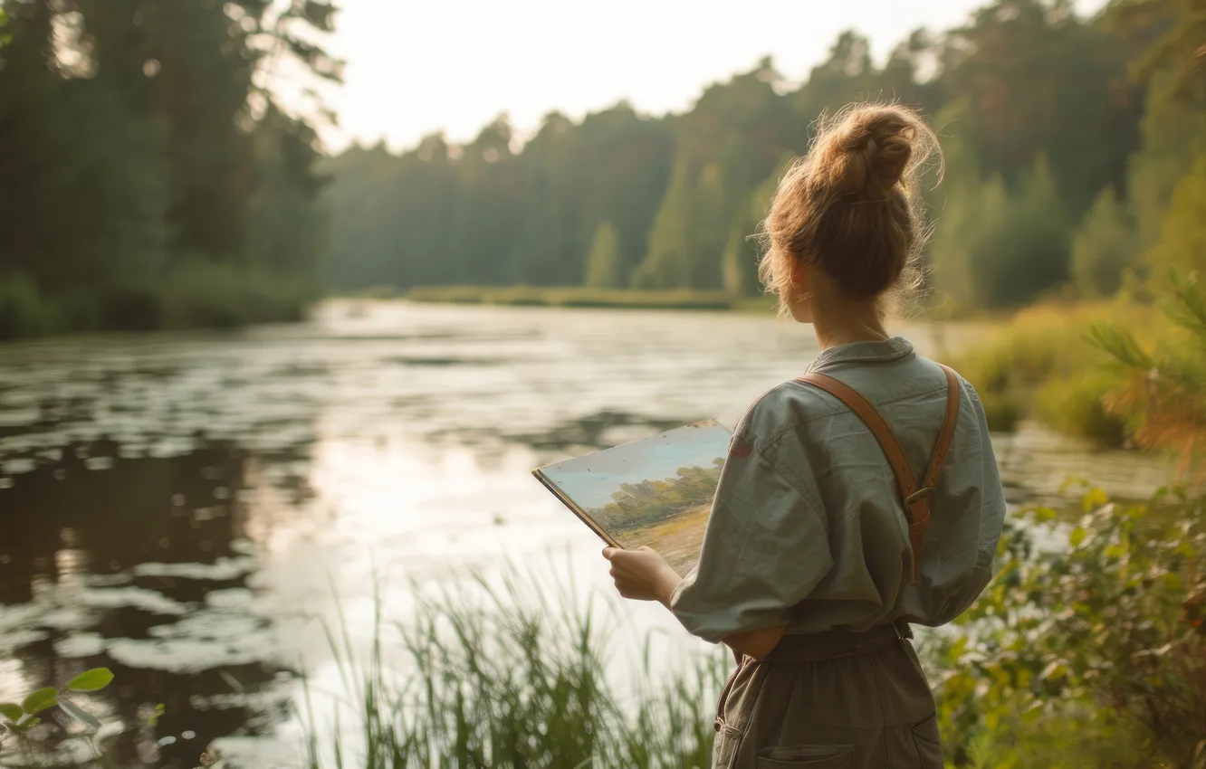Photo wallpaper forest, summer, girl, pose, lake, pond, shore, picture