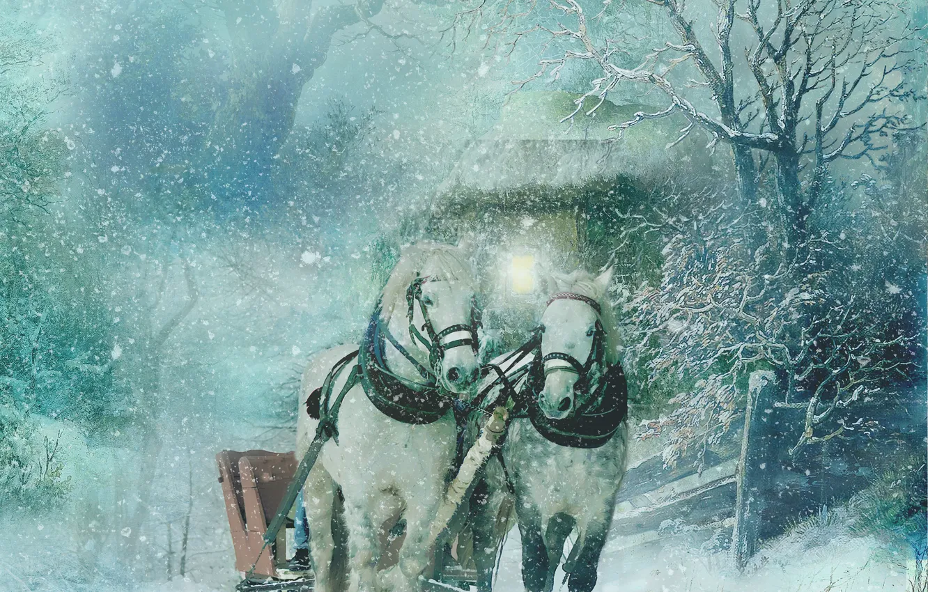 Photo wallpaper winter, snow, trees, rendering, horse, horse, sleigh, photoart