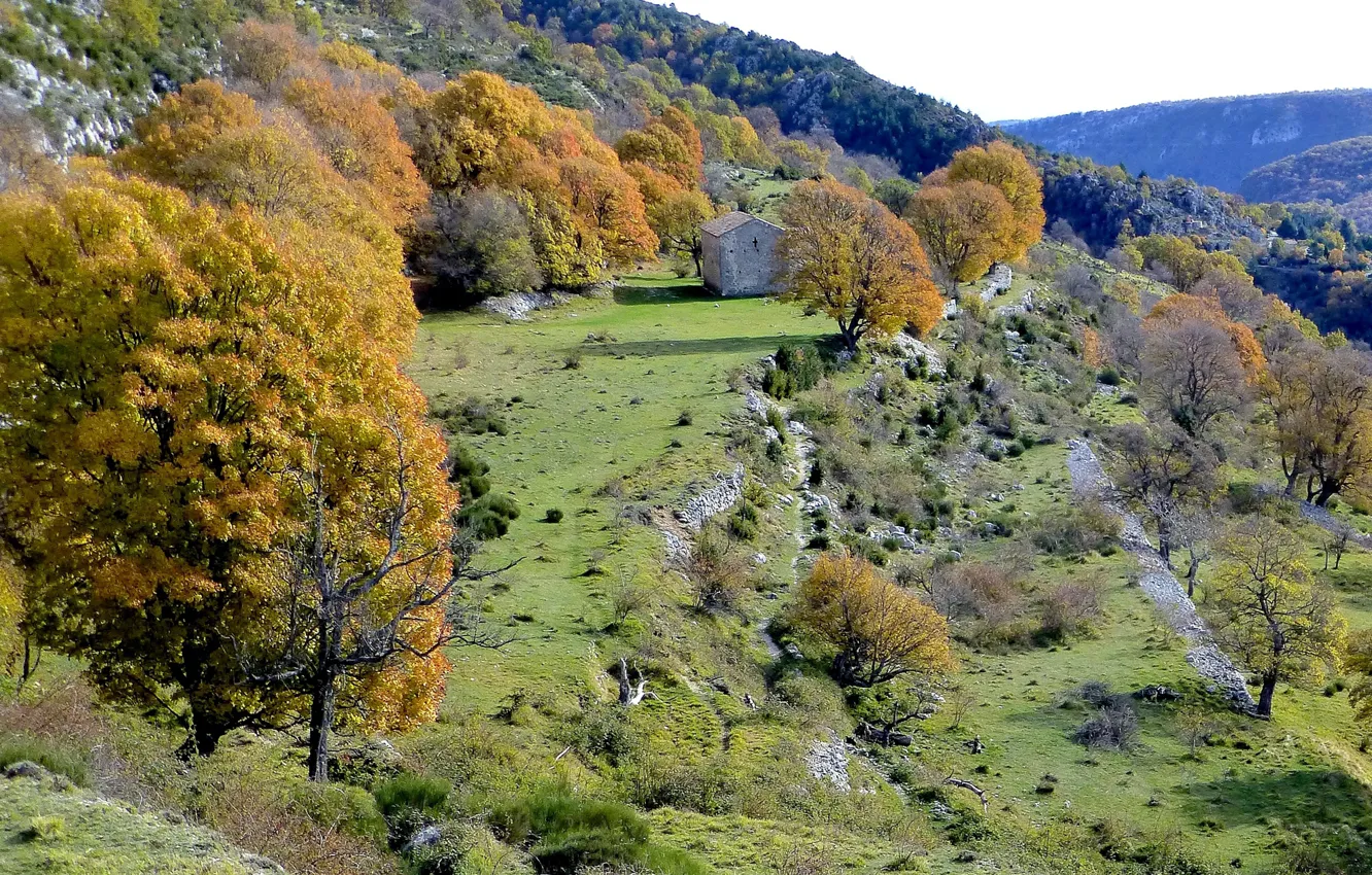 Photo wallpaper autumn, trees, mountains, house, France, Provence-Alpes-Cote d'azur, Coursegolf