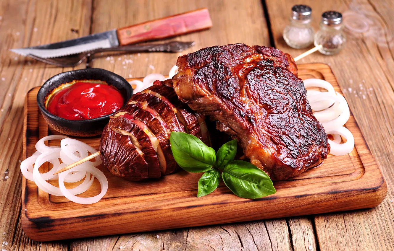 Photo wallpaper bow, meat, sauce, steak, Basil