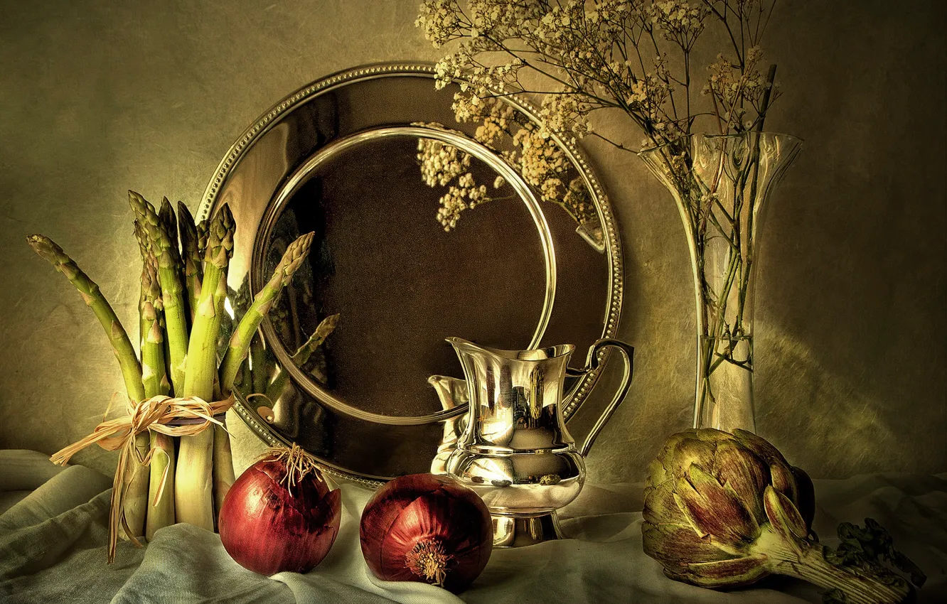 Photo wallpaper light, flowers, metal, reflection, table, bouquet, bow, fabric