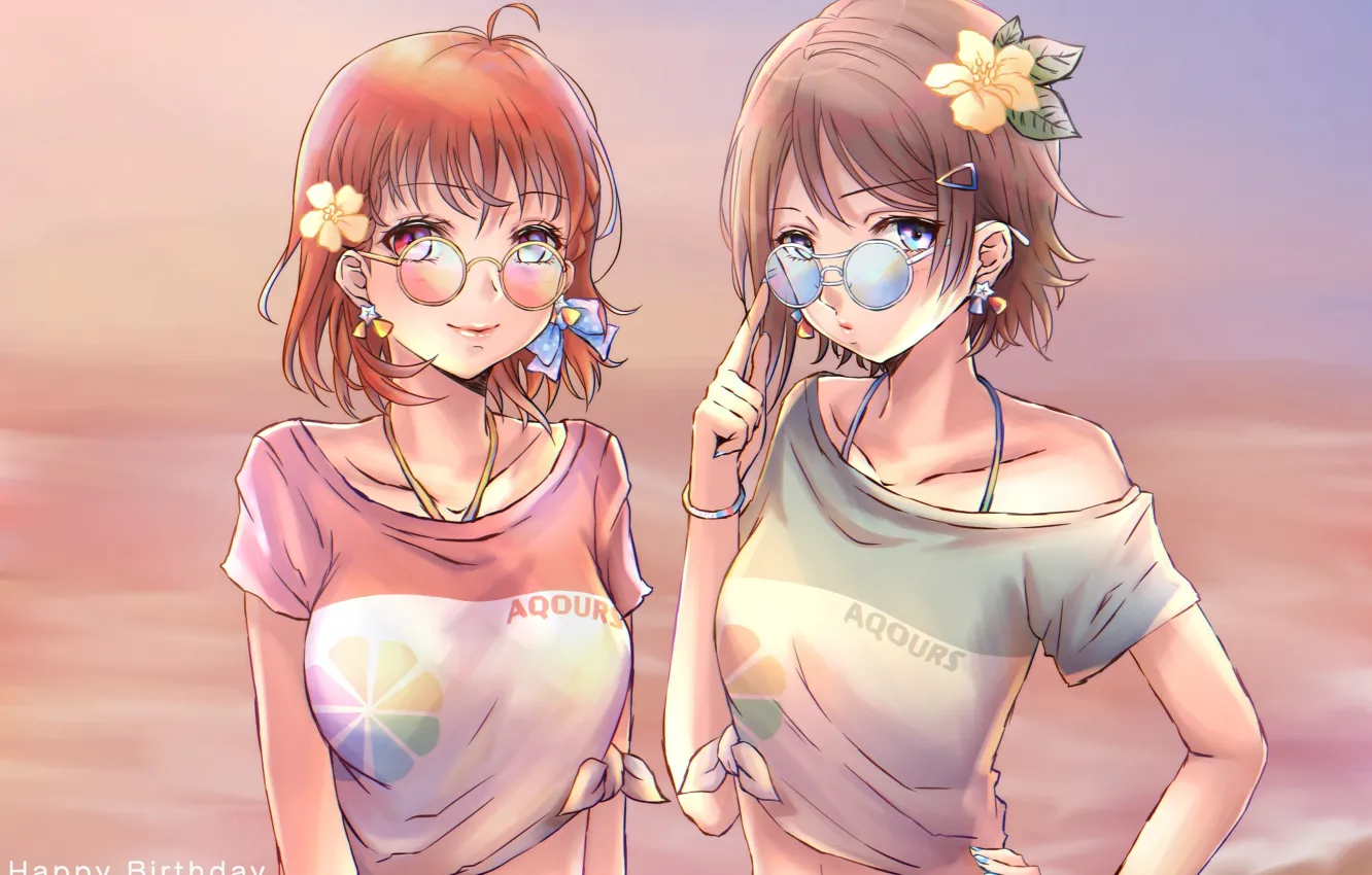 Photo wallpaper girl, flowers, earrings, glasses, t-shirt, Love Live School Idol Project