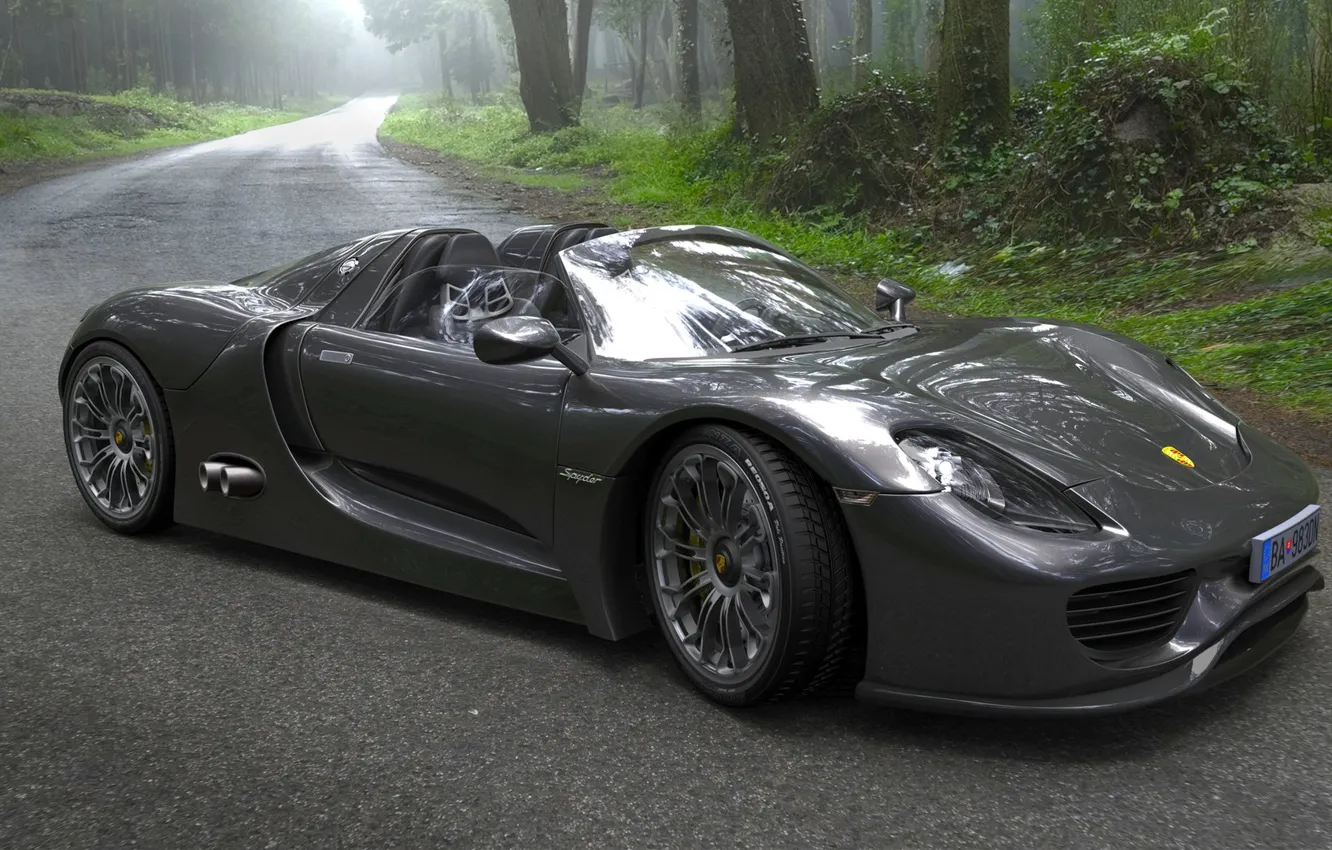 Photo wallpaper road, forest, Porsche, car