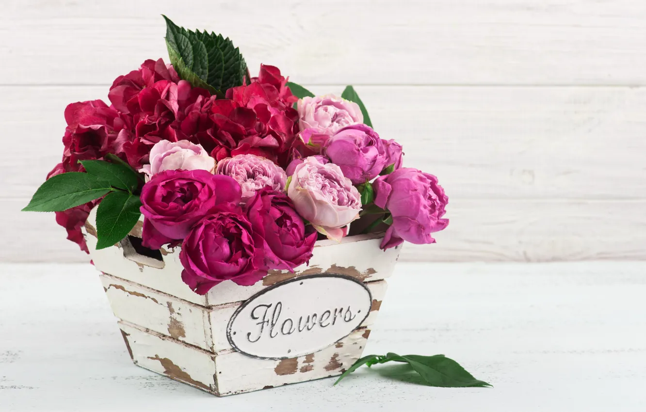 Photo wallpaper flowers, roses, bouquet, pink, hydrangea, THE OFF