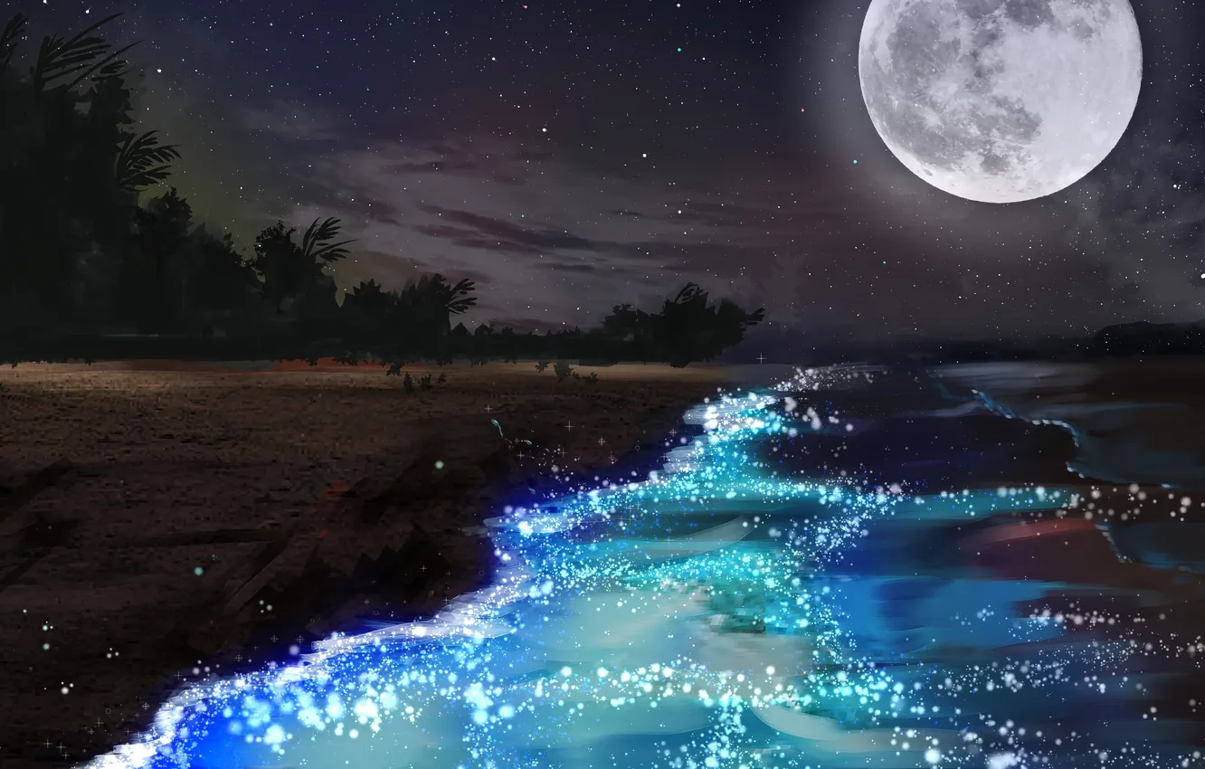 Photo wallpaper moon, beach, landscape, night, scenery, seaside