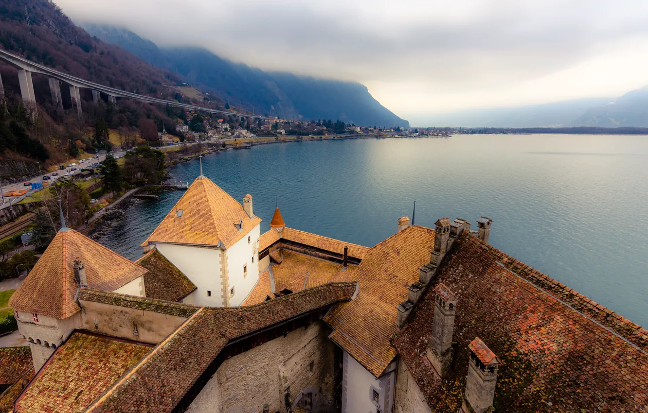 Photo wallpaper clouds, mountains, lake, castle, Switzerland, panorama, the view from the top, Lake Geneva