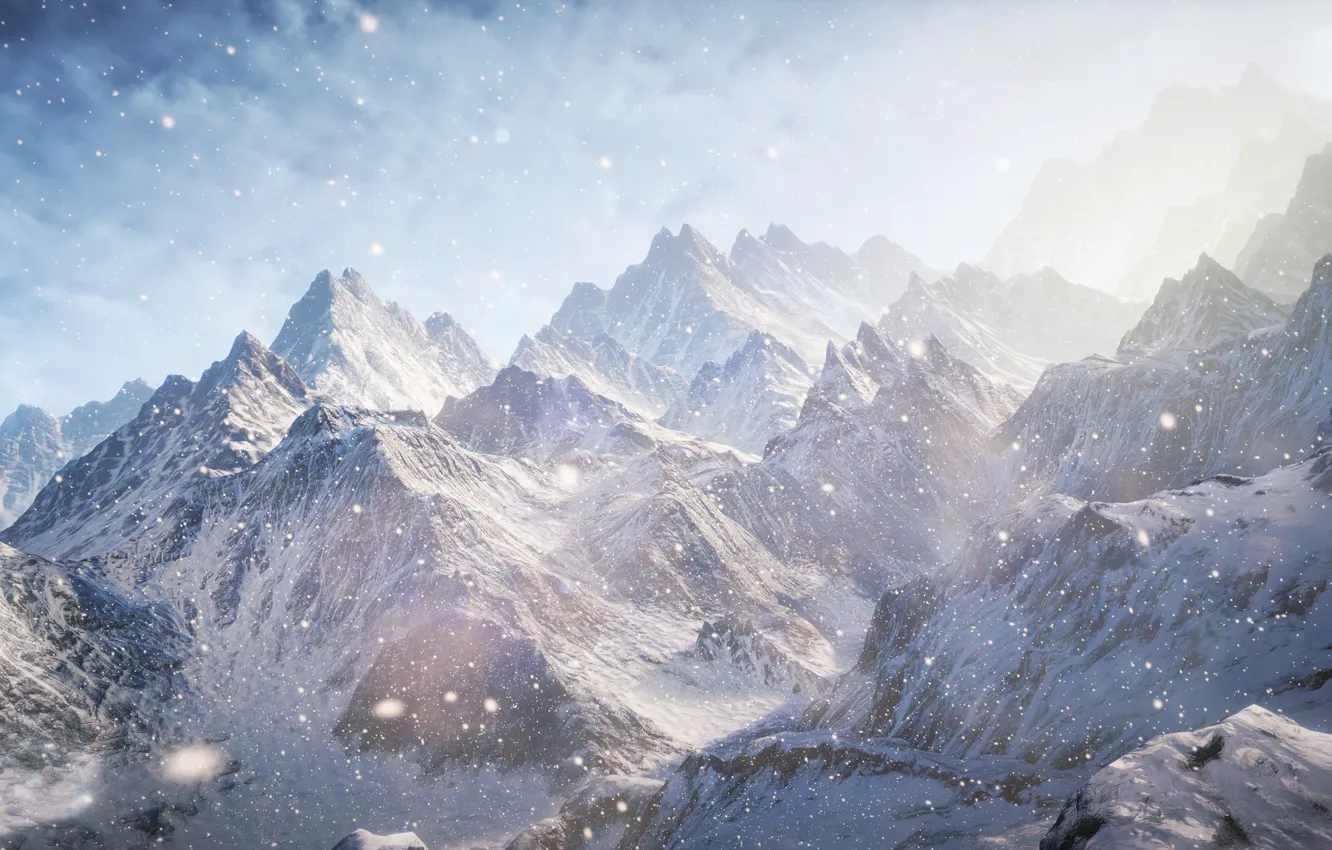 Photo wallpaper light, snow, mountains, unreal engine 4