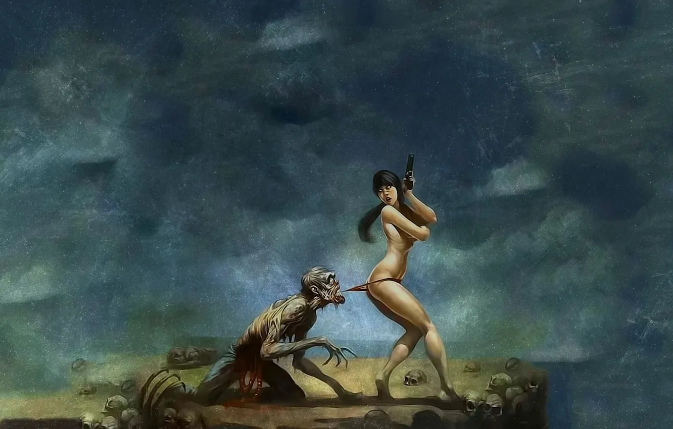 Photo wallpaper sake, girl, gun, Zombie, fantasy, artwork, situation, humor