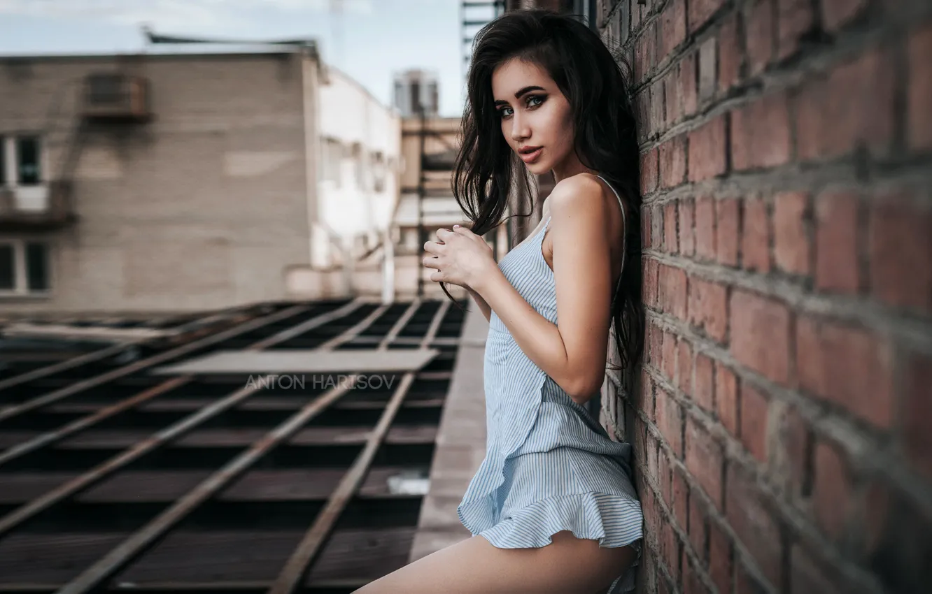 Photo wallpaper look, girl, wall, building, brunette, Anton Kharisov