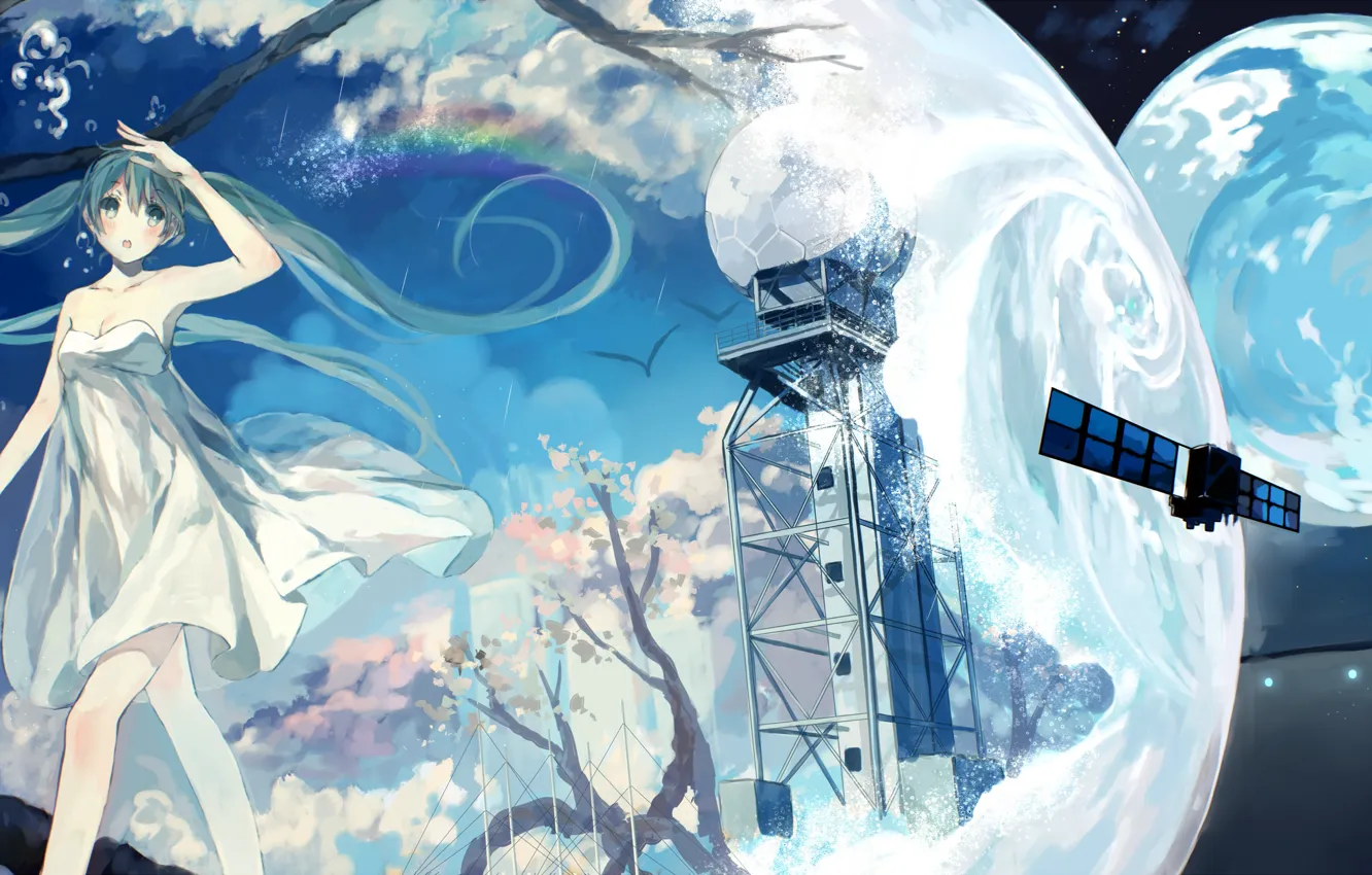 Photo wallpaper girl, tree, earth, planet, rainbow, anime, art, vocaloid