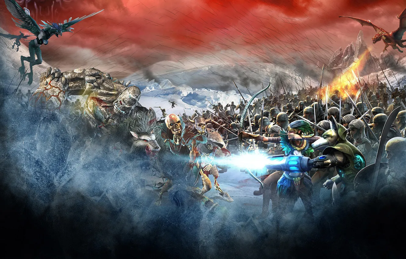 Photo wallpaper dragon, battle, Golem, battlefield, undead, harpies, Angel fall, Sacred 2