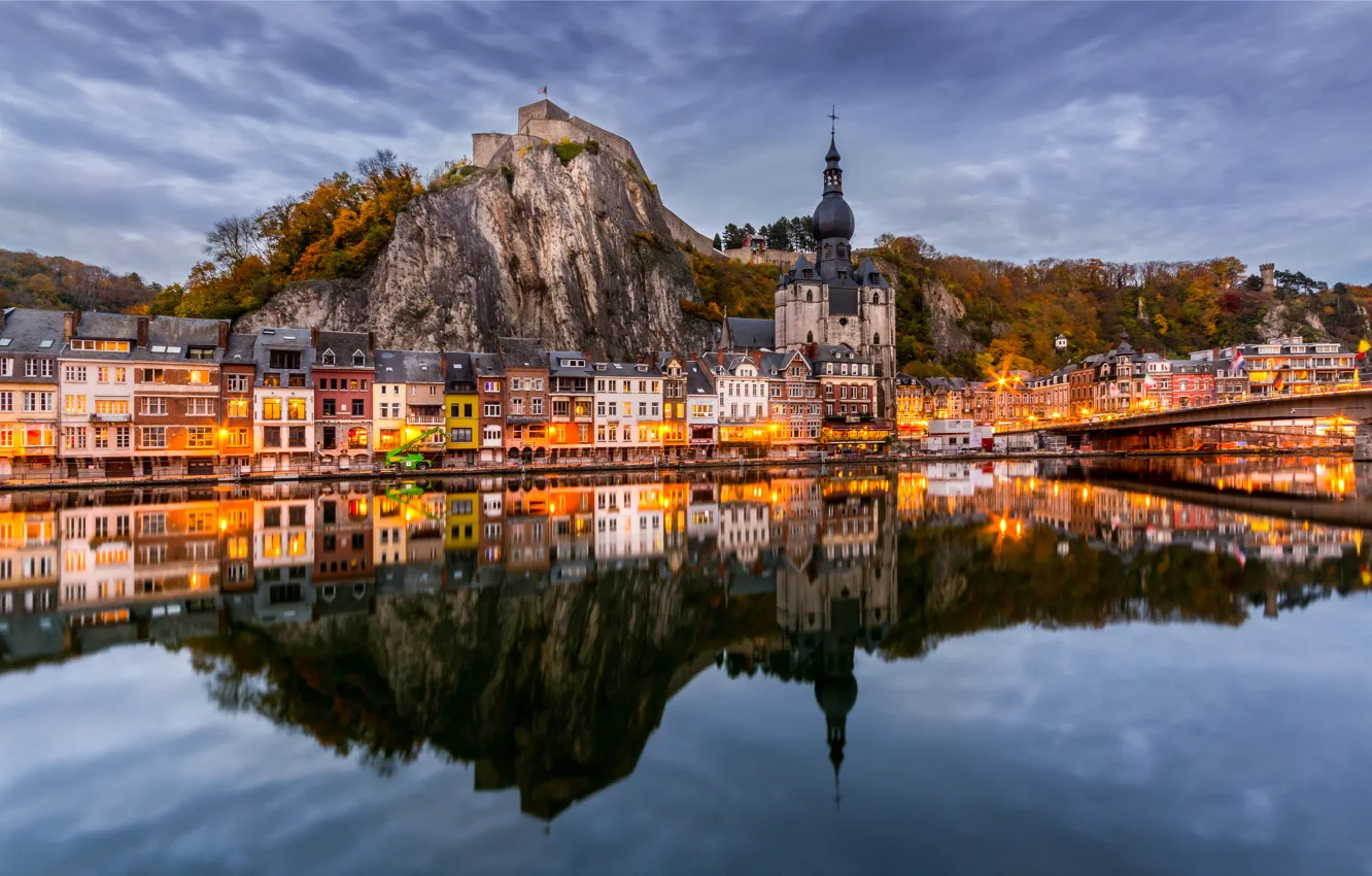 Photo wallpaper mountains, bridge, reflection, river, building, Church, panorama, Belgium