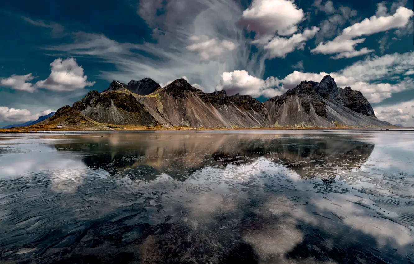 Photo wallpaper clouds, mountains, Bay, Iceland, Iceland, Vestrahorn, Stokksnes
