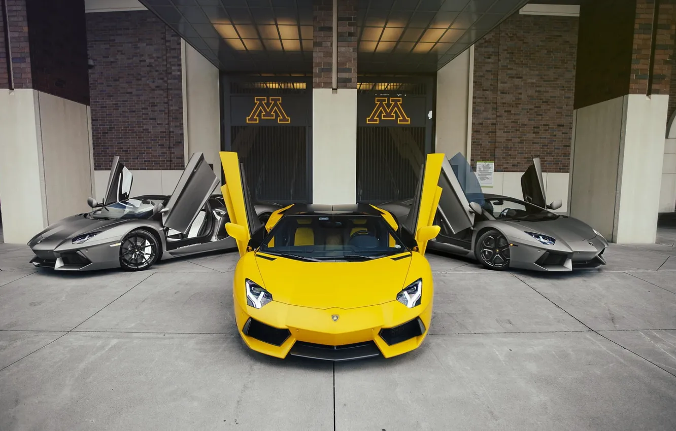 Photo wallpaper Lamborghini, Yellow, Trio, LP700-4, Aventador, Supercars, Gray