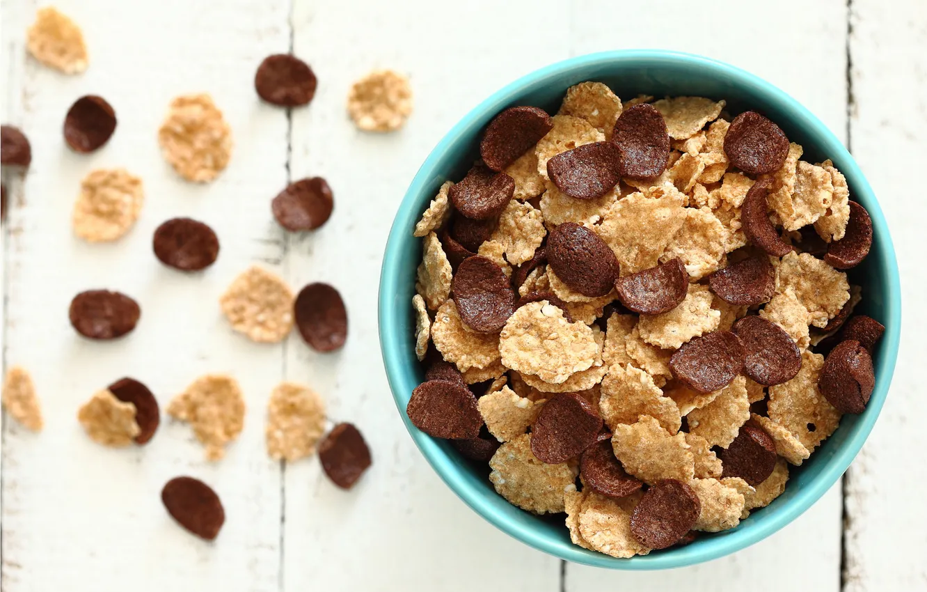 Photo wallpaper table, bowl, bokeh, cereal, chocolate, corn flakes, breakfast cereals