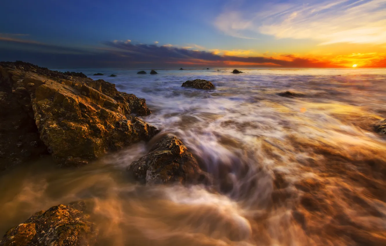 Photo wallpaper sea, beach, the sun, stones, dawn