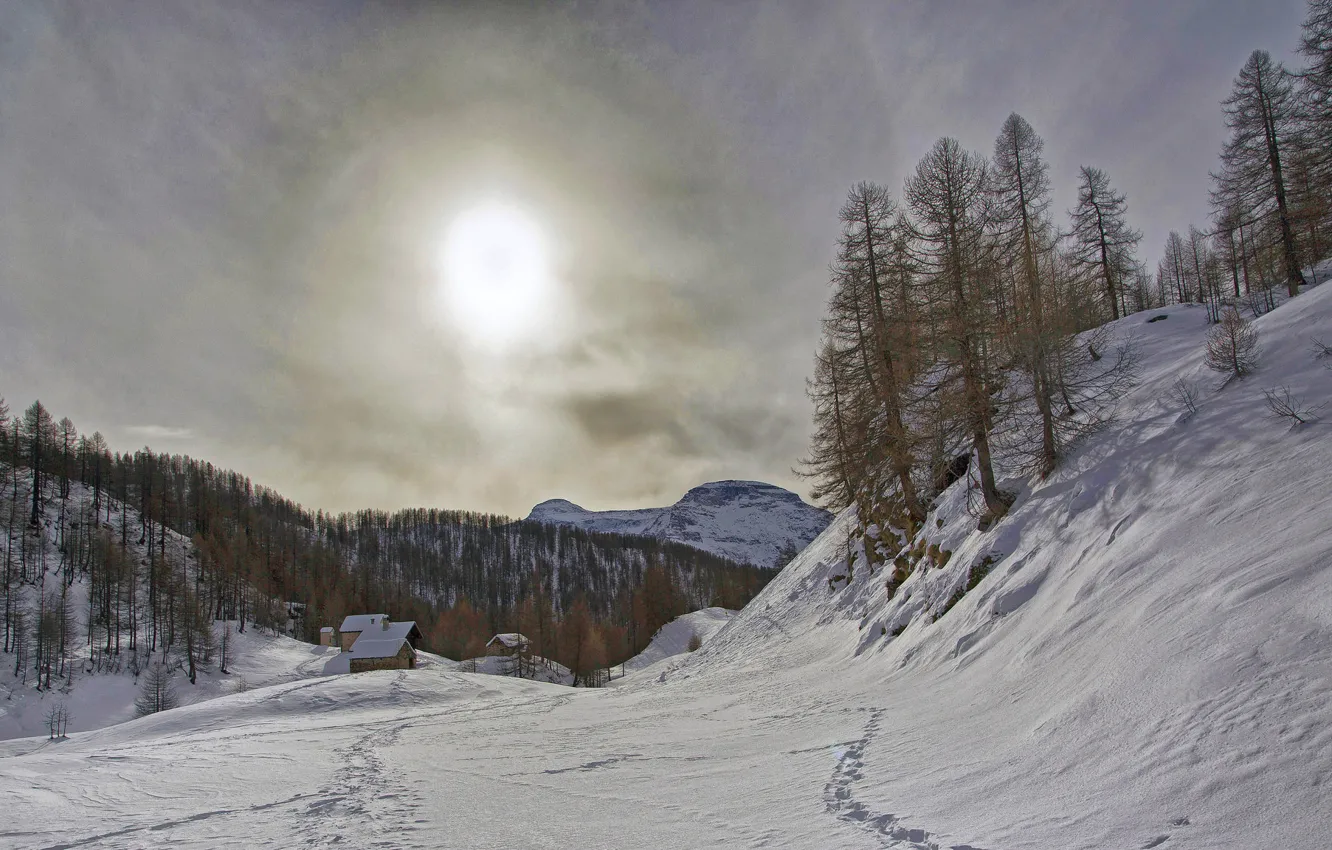 Photo wallpaper winter, the sky, the sun, clouds, snow, mountains, home