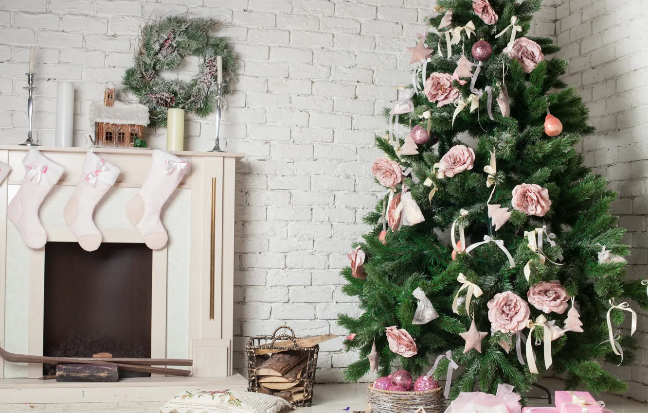 Photo wallpaper decoration, holiday, tree, candles, New year, fireplace