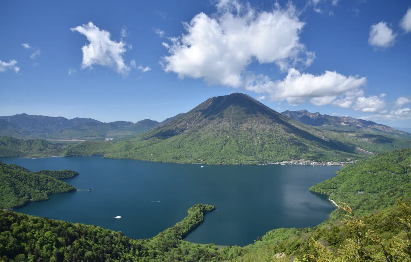 Photo wallpaper landscape, mountains, nature, lake, the volcano