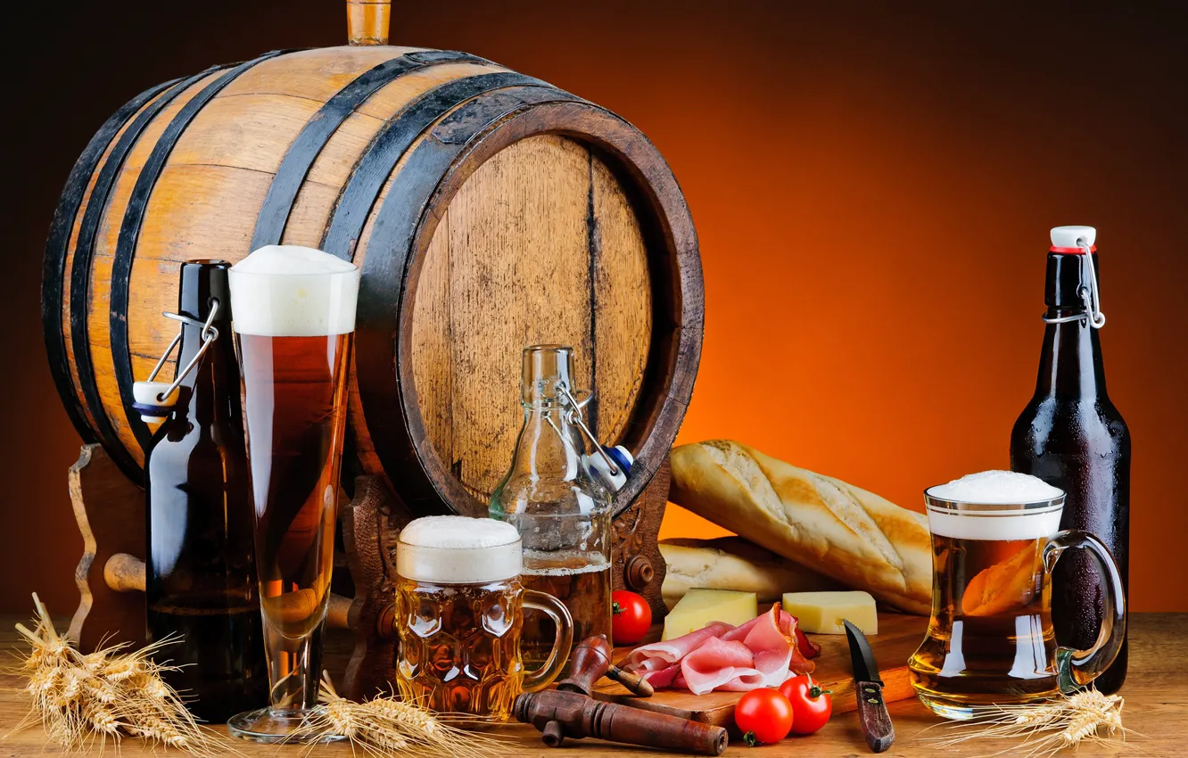 Photo wallpaper beer, cheese, barrel, tomatoes, ham
