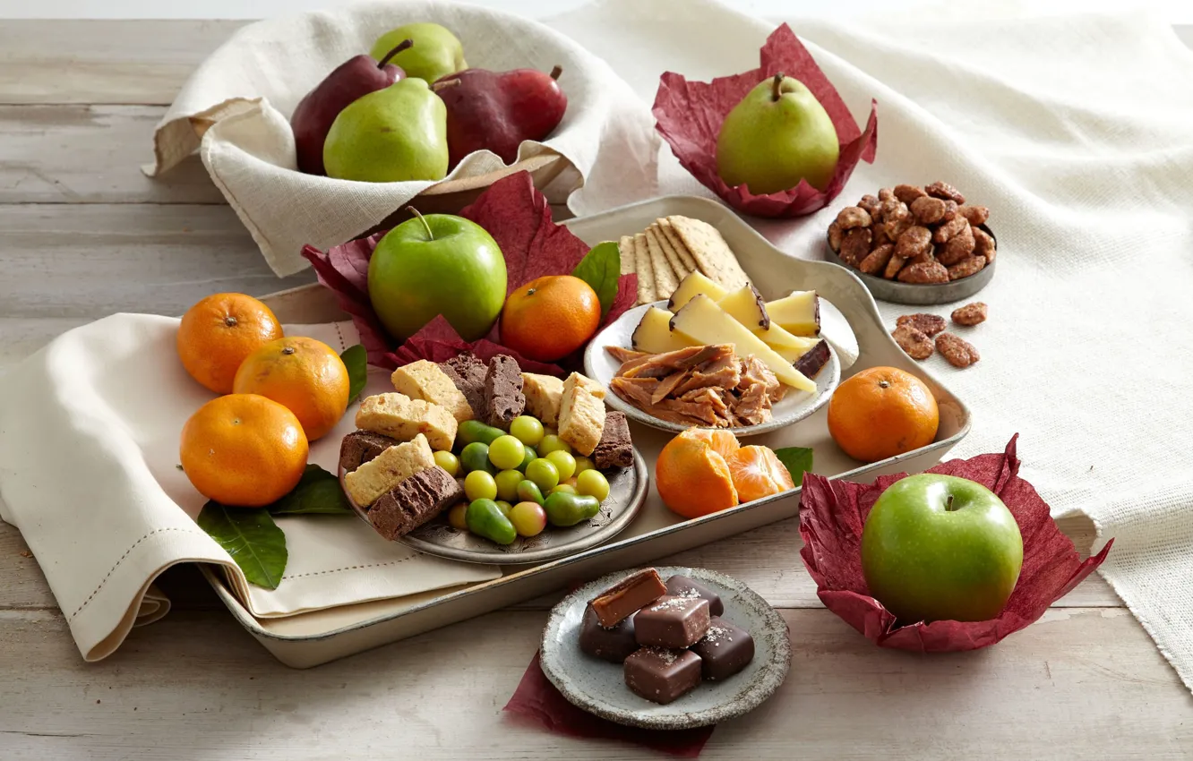 Photo wallpaper apples, chocolate, cheese, cookies, candy, sweets, fruit, pear