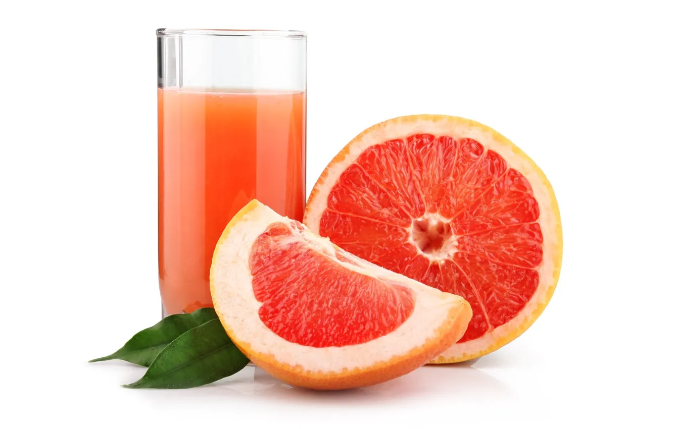 Photo wallpaper leaves, Glass, juice, drink, grapefruit