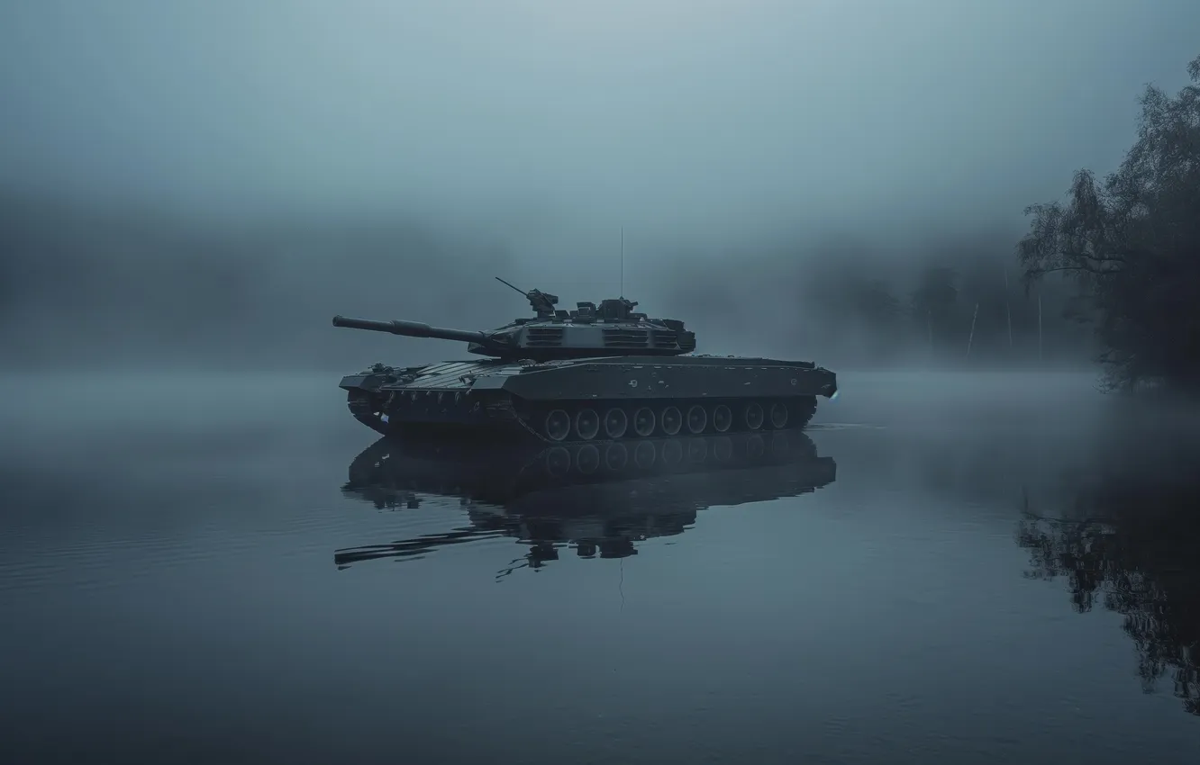 Photo wallpaper forest, trees, fog, river, tank, digital art, AI art, The Art of Artificial Intelligence