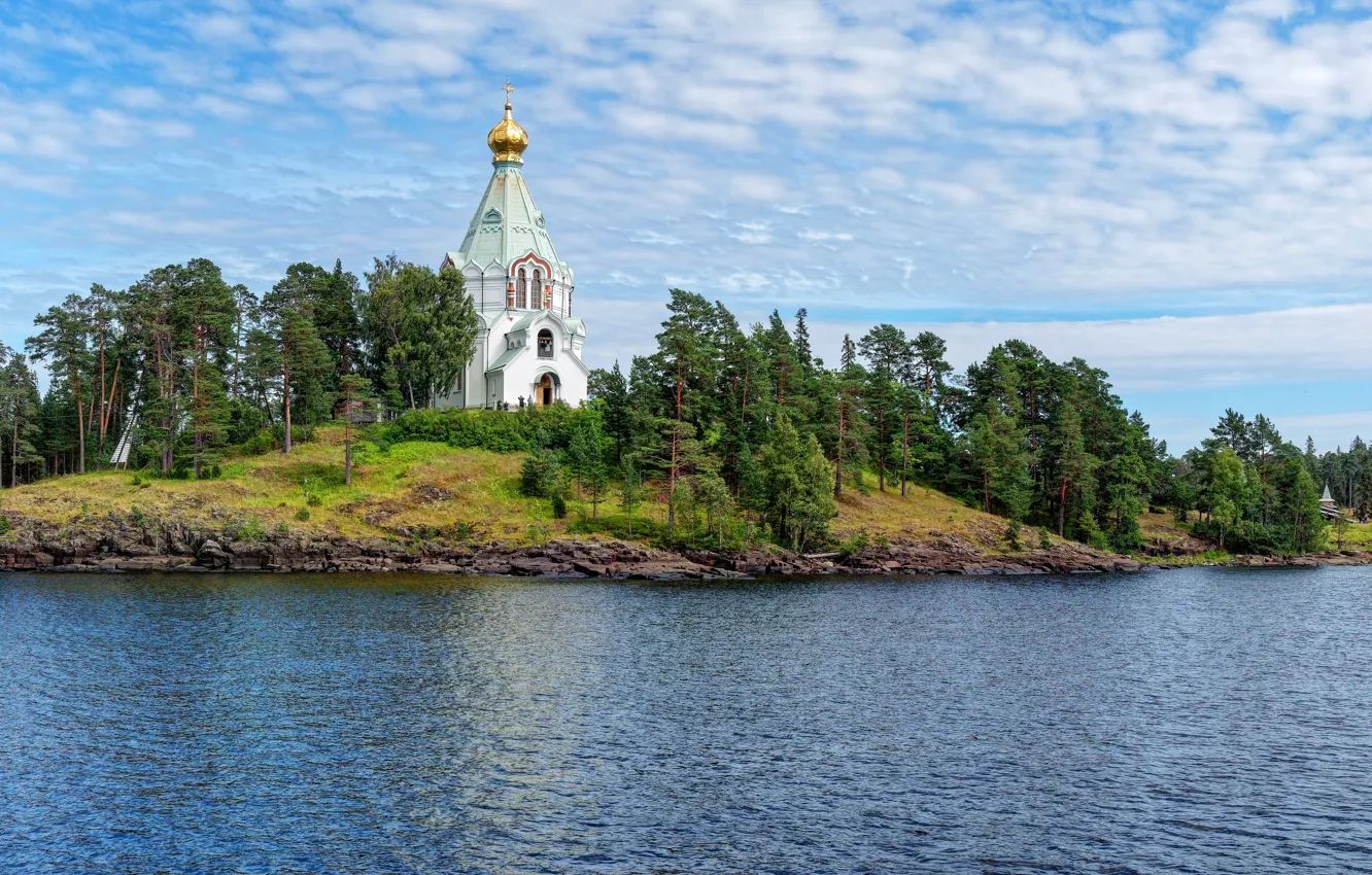 Photo wallpaper the sky, clouds, trees, lake, stones, shore, Church, Karelia