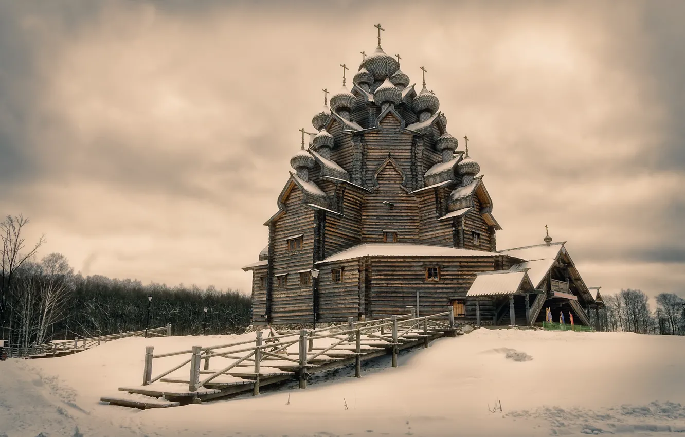 Photo wallpaper Russia, Wooden Pokrovskaya church, Leningrad Oblast, Vsevolozhskiy Raion