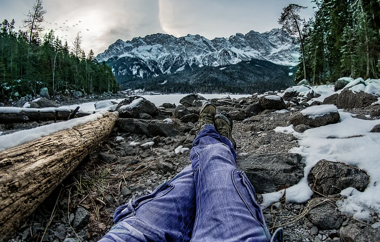 Photo wallpaper winter, forest, clouds, snow, mountains, nature, stones, feet