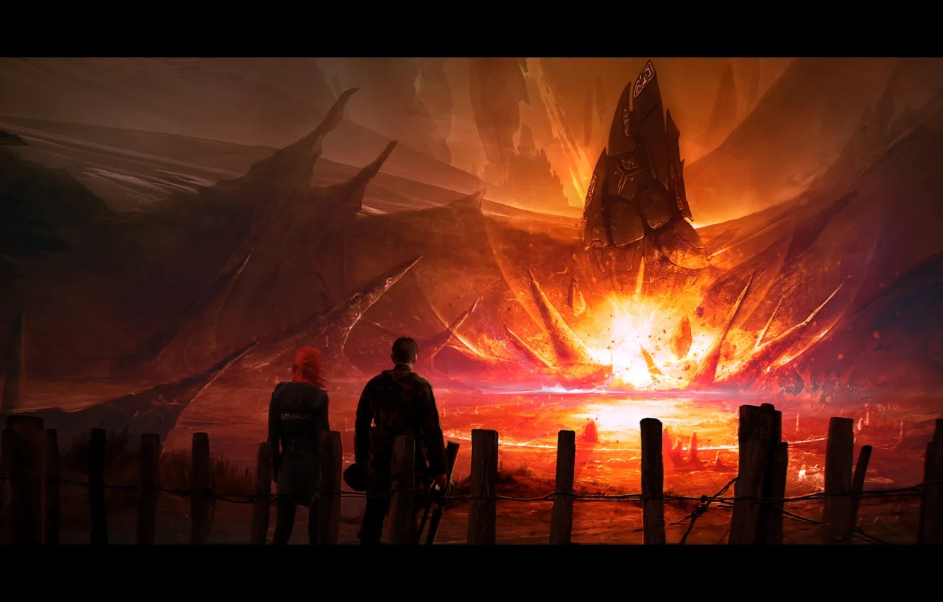 Photo wallpaper the explosion, flame, woman, male, Adventure