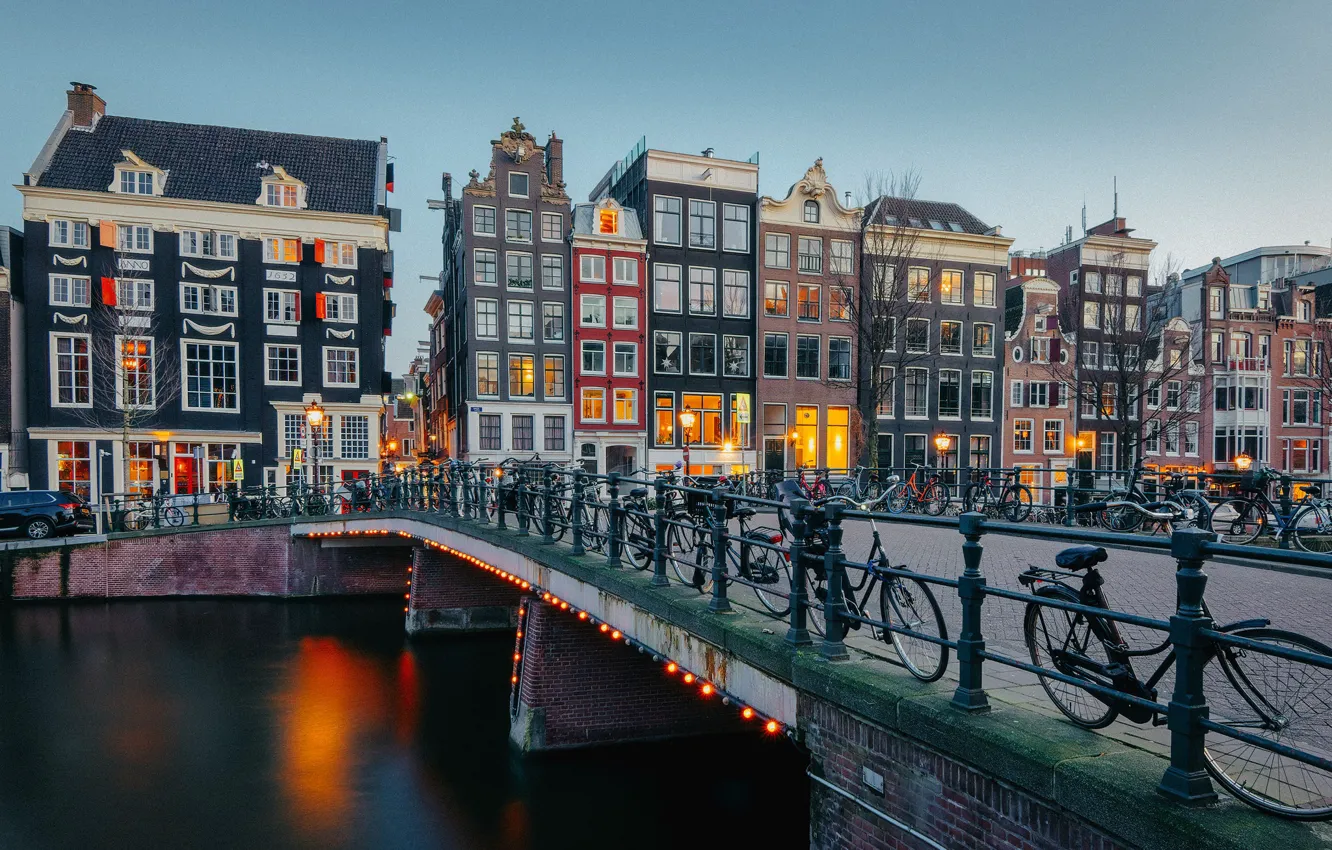 Photo wallpaper bridge, building, home, Amsterdam, channel, Netherlands, Amsterdam, bikes