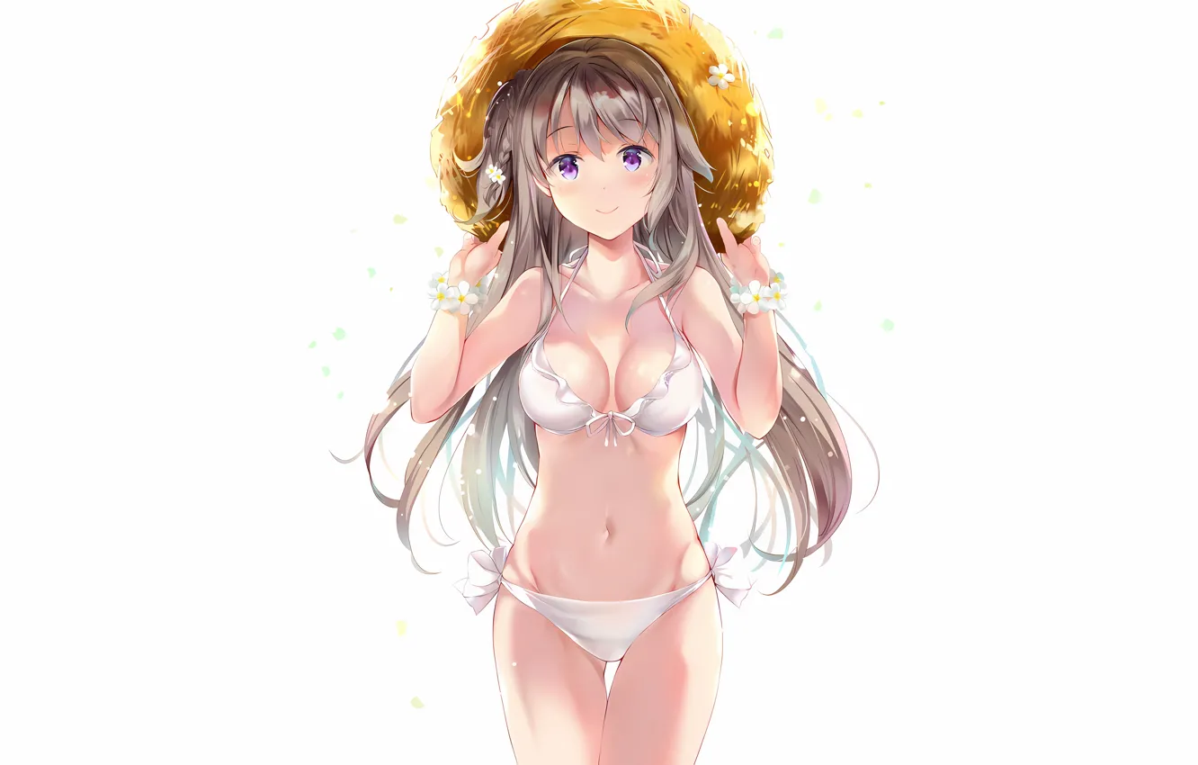 Photo wallpaper girl, sexy, cleavage, long hair, brown hair, boobs, anime, flowers