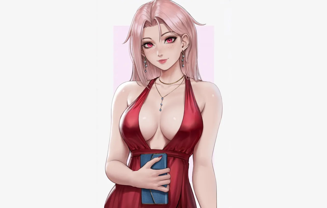 Photo wallpaper girl, sexy, cleavage, pink hair, long hair, dress, boobs, anime