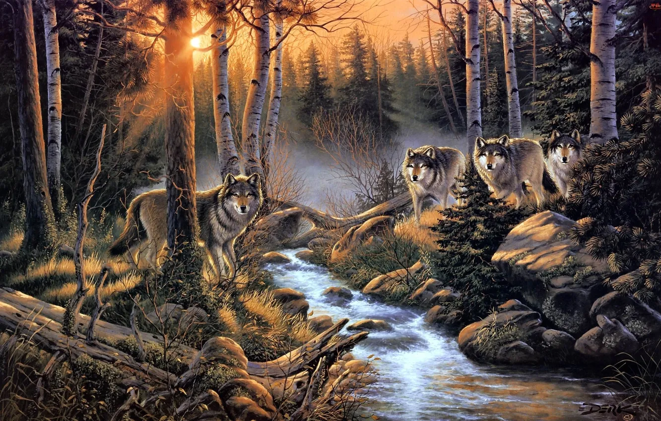 Photo wallpaper forest, nature, stream, wolf, pack, art
