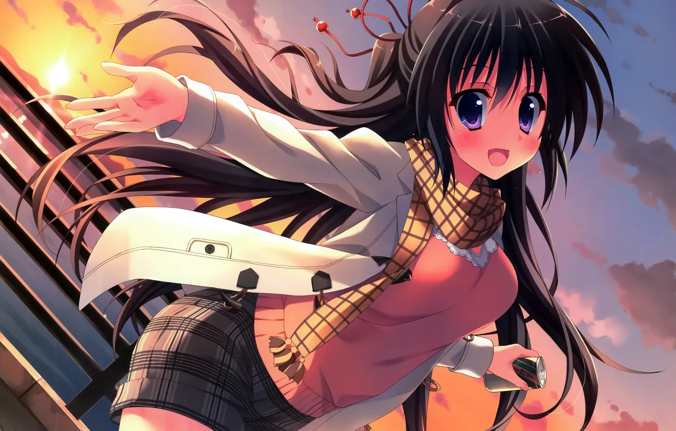 Photo wallpaper water, girl, sunset, emotions, art, Bank, railings, drink