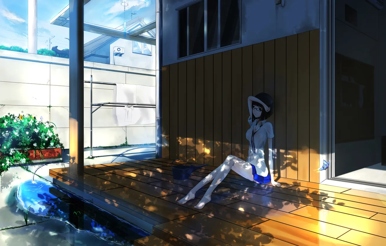 Photo wallpaper cat, water, girl, butterfly, heat, home, hose