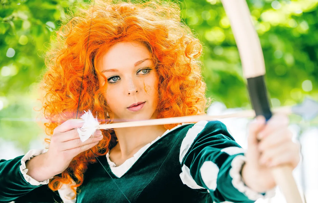 Photo wallpaper girl, background, bow, arrows, redhead, blue-eyed