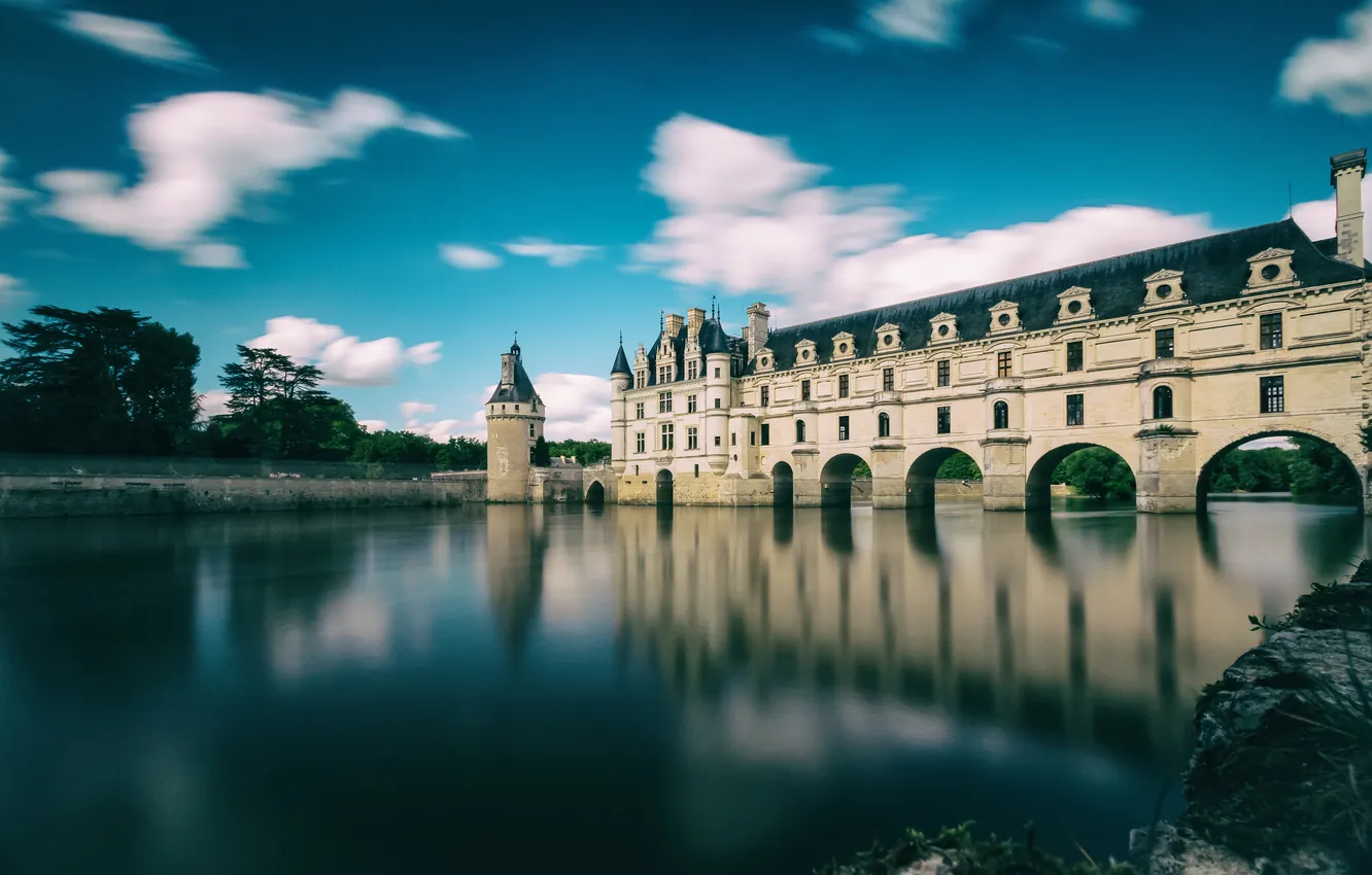 Photo wallpaper the sky, trees, lake, pond, castle, France, tower