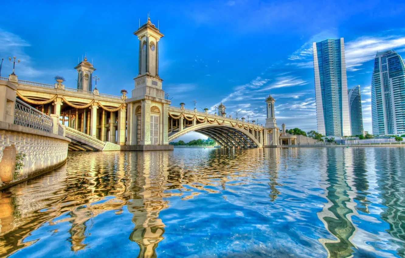 Photo wallpaper the sky, water, clouds, surface, landscape, bridge, river, building